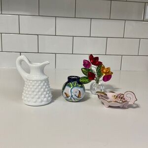 VTG Hobnail Cruet Talavera Vase Acrylic Flowers Porcelain Cigarette Holder